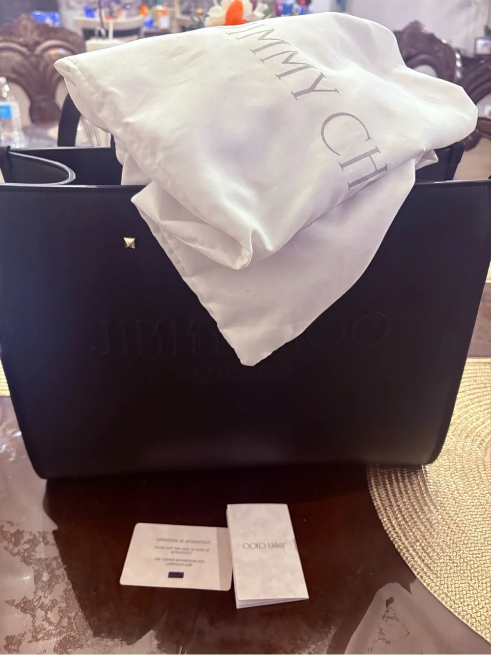 Jimmy Choo Black Leather Tote with Embossed Logo